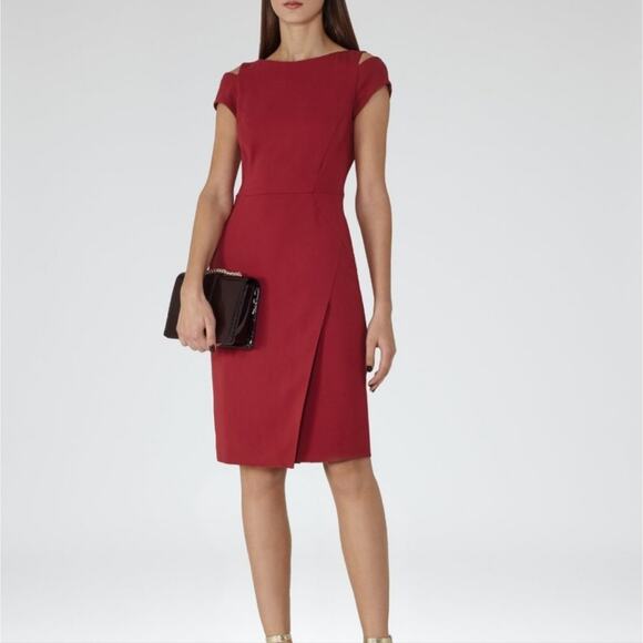 Reiss Mattia Elegant Cap Sleeve Sheath Dress‎ in Deep Red Cocktail Dress Size 8 - Picture 1 of 9